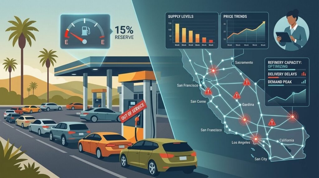 California Gas Crisis: Leaders Prep for 2026 Supply Shortage — illustration for California gasoline supply shortage